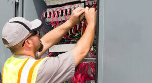 Technician in a yellow vest working on a electrical panel