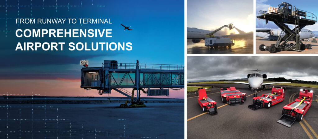 Text of "From Runway to Terminal: Comprehensive Airport Solutions" overlaying four images of a jet bridge, a deicer, a cargo loader, and LEKTRO tractors.